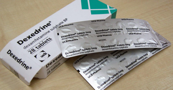 Dexedrine 5 mg dexamfetamine sulfate tablets with blister packs and prescription box