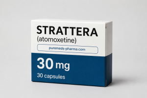 Strattera atomoxetine 30 mg capsules medication packaging for ADHD treatment