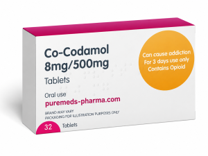 Co-codamol 8mg/500mg tablets packaging with information about whether you can mix co-codamol with ibuprofen