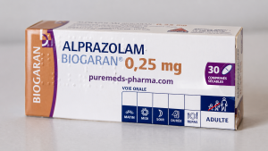 Alprazolam 0.25mg tablets packaging illustrating alprazolam UK information, dosage guidance, patient safety, and prescription medication details.