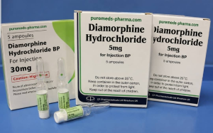 Diamorphine labour injection ampoules and medication packaging used for pain relief during labour