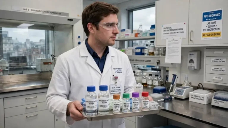 UK peptides researcher in lab coat holding research peptides in MHRA-compliant cold storage laboratory - trusted UK peptide supplier